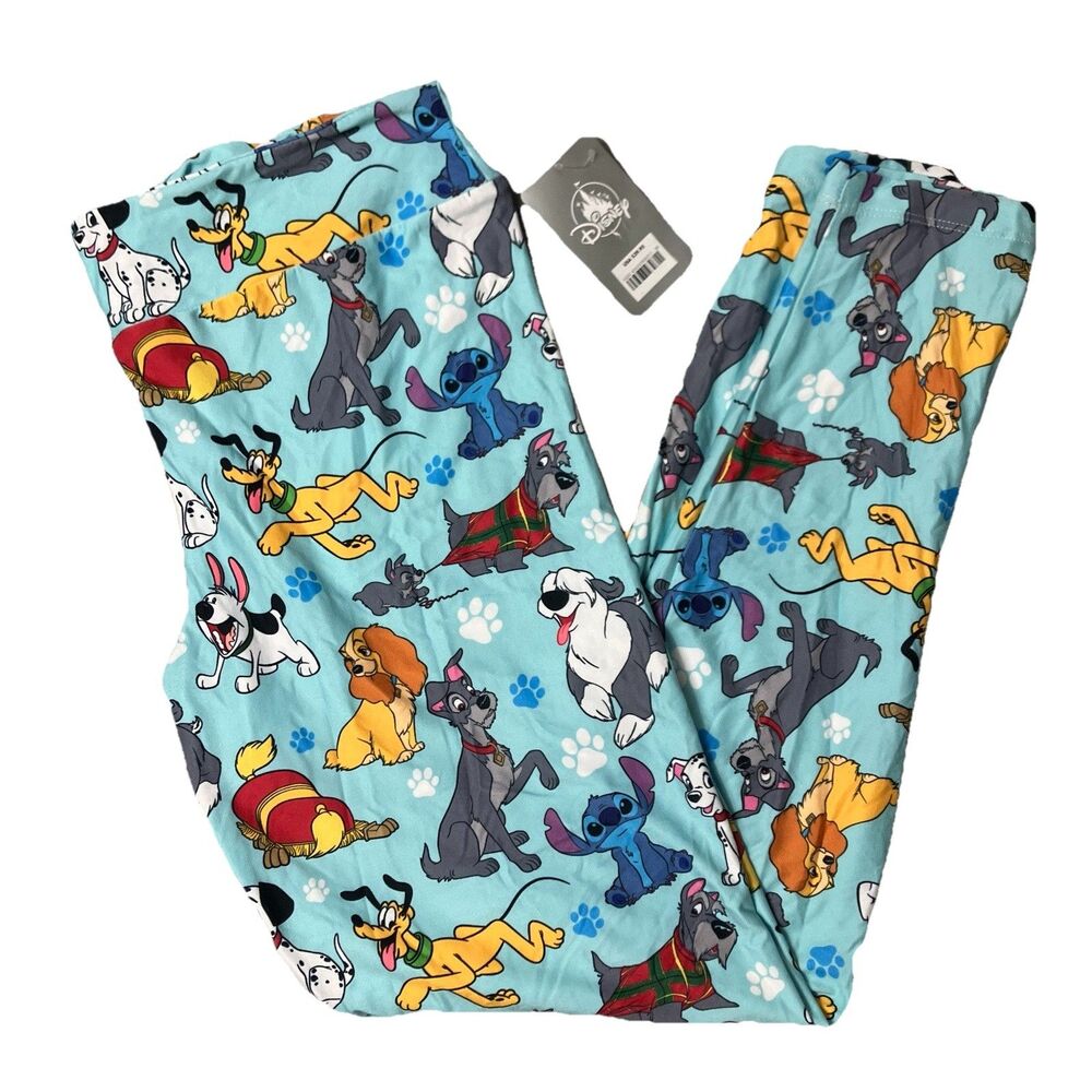Disney Dogs Leggings Womens L‎ Blue Stitch Pluto Lady Dalmatian Print Loungewear